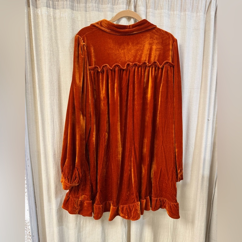NWT, Rust Orange, Ruffle Bottom, Ruffle Chest Trim, Collared Velvet Dress - Picture 3 of 4